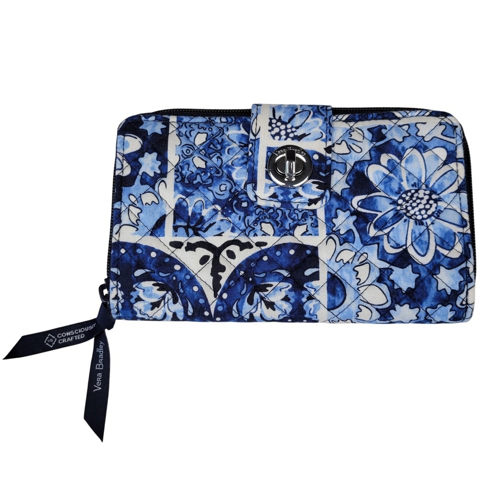 Vera Bradley Island Tile Blue Quilted Turn Lock Wallet RFID Organizer